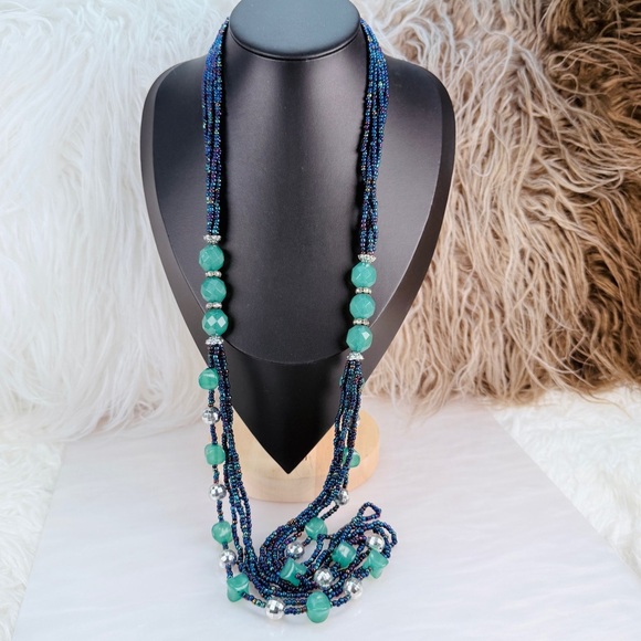 Boho Layered Rope Imitation Stone Beaded Alloy Beads  Bohemian chic, multi strand, blue seed bead long, layering costume necklace